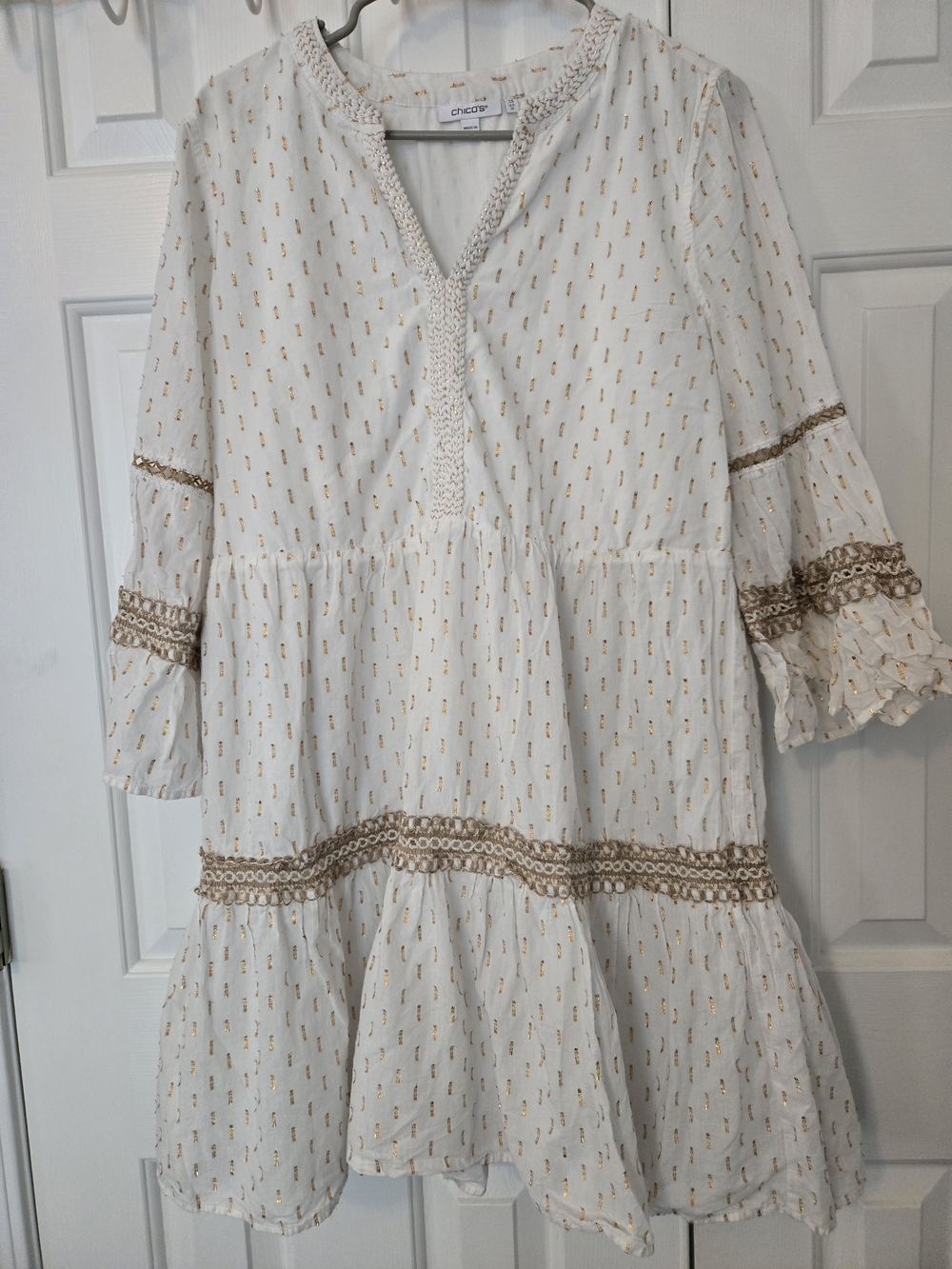 Chico's White Gold Boho Tunic Dress Bell Flowy Sleeves Size 10
